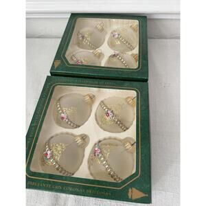 VTG Christmas By Krebs 8 gold Pink Frosted Glass Ornaments  Glitter Floral 3”